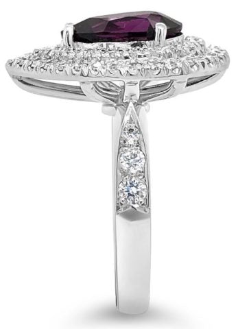 18ct WG Pear Shape Rhodolite Garnet Diamond Double Halo Ring