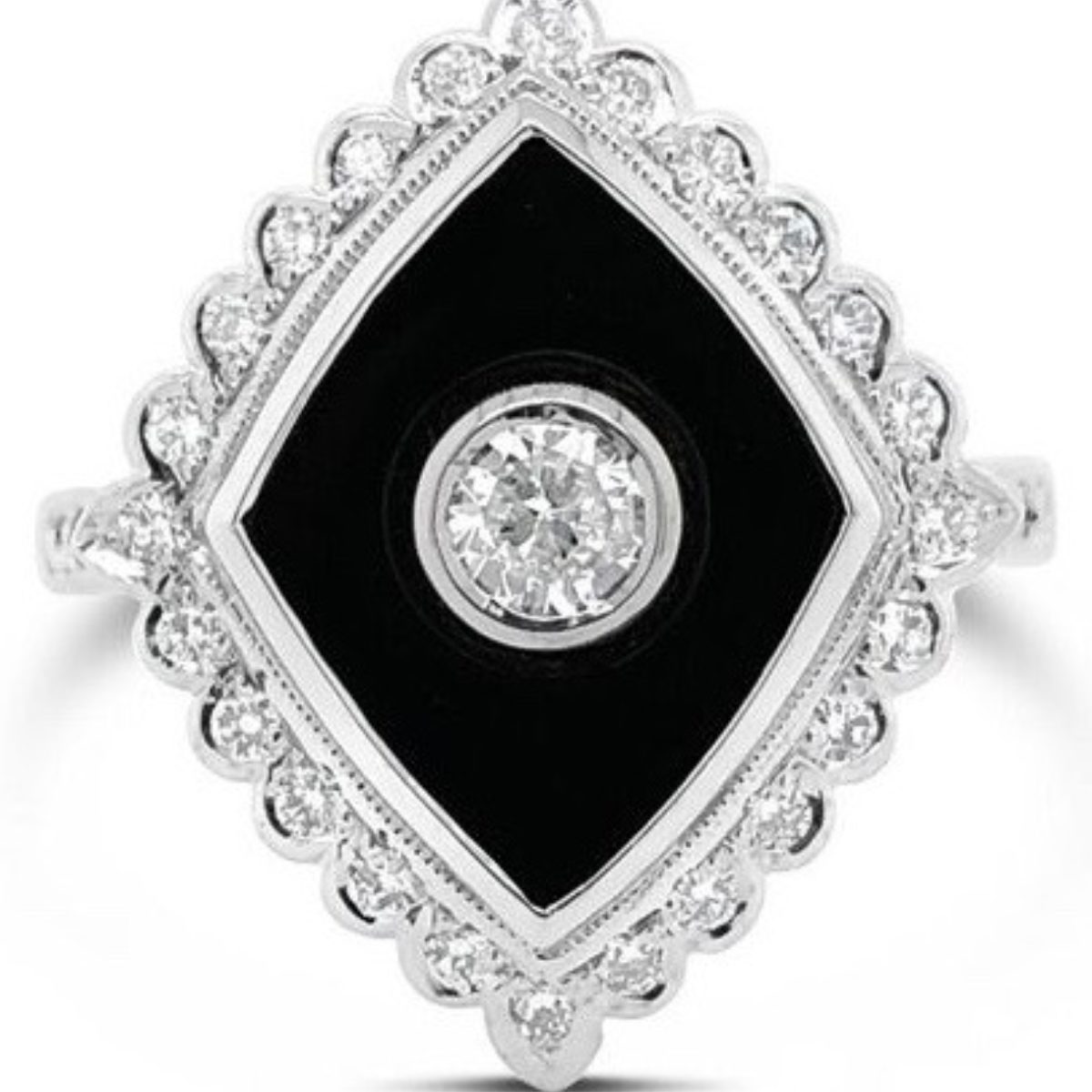 18ct white gold diamond & onyx vintage style ring | Wishart Jewellers